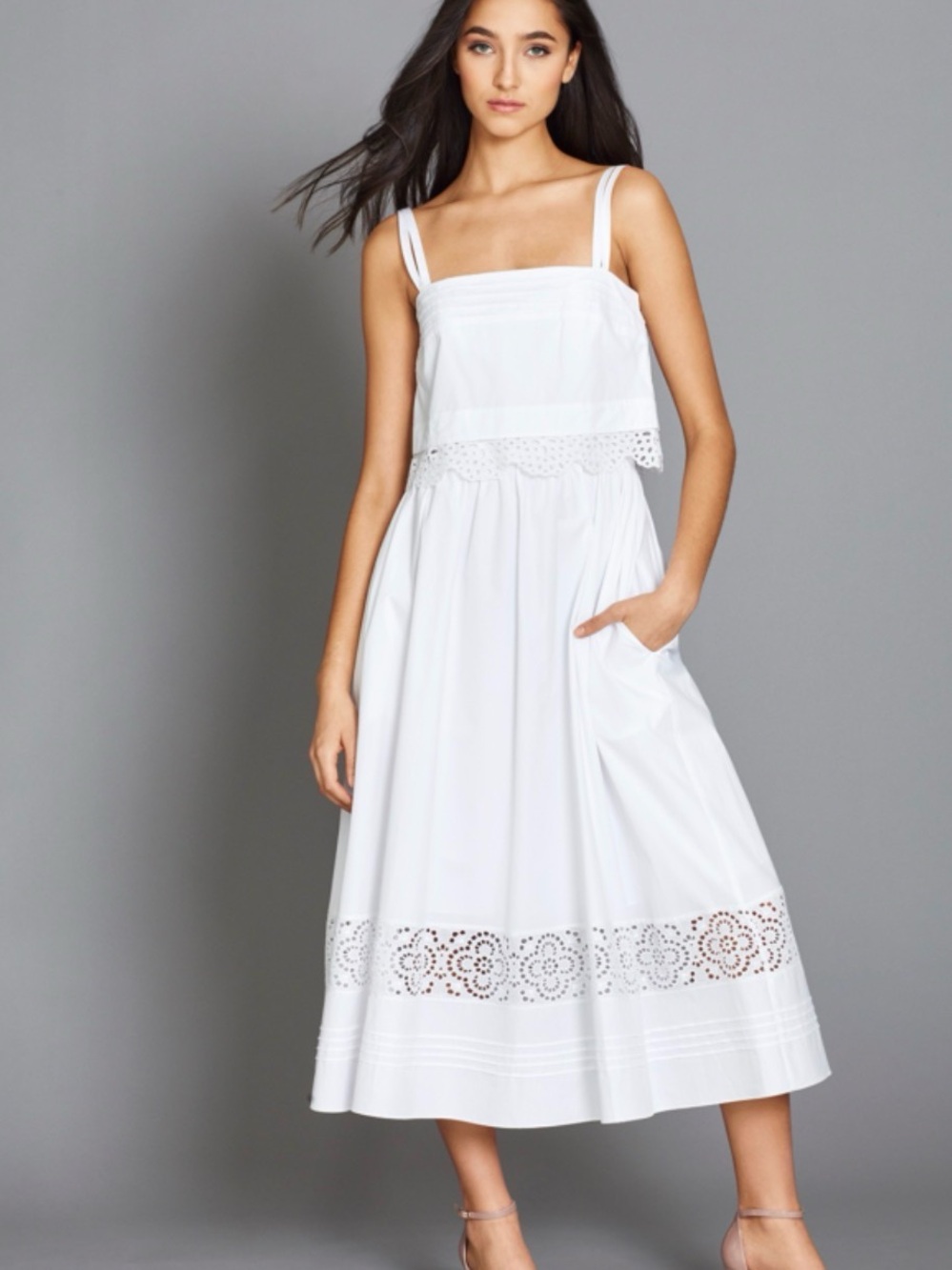 White Eyelet Midi Dress with Double Straps